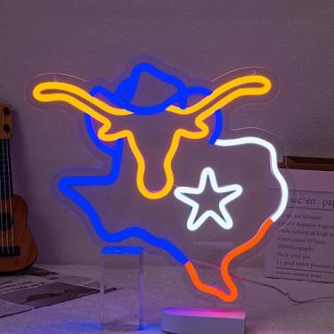 Imagem de WLDGGM Letreiro De Neon Do Texas Com Luz Longhorn Para Decoração Parede, Letreiros Cowboy, Led Colorido, Alimentado Por Usb, Quarto, Sala Estar, Shopping, Restaurante, Loja