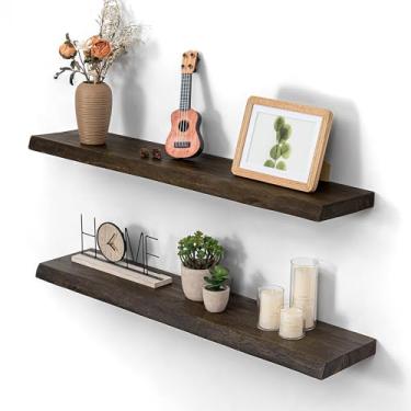 Imagem de Prateleiras flutuantes para parede 91 cm x 20 cm, conjunto de 2 prateleiras de madeira de olmo rústica, prateleira de madeira maciça montada na parede com suportes invisíveis para sala de estar