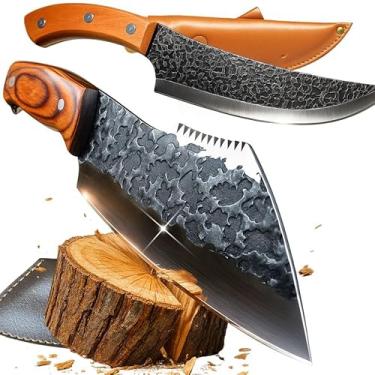 Imagem de Kit Facas Artesanais Cutelo Moicano e Faca Bucha Chef Aço Inox Forjado Lâmina Texturizada Cabo de Madeira Premium Cozinha Churrasco Profissional Afiadas Full Tang Coldre Incluso