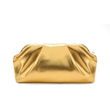 Imagem de Bolsa clutch feminina, chique plissada PU preta e dourada com corrente destacável e capa rígida brilhante, bolsa de noite espaçosa, Dourado