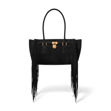 Imagem de Michael Kors Bolsa de ombro pequena Hamilton Nomad, ferragens douradas antigas/camurça franja/preta