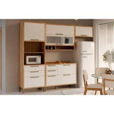 Imagem de Kit Cozinha Modulada 4 Peças Syrah (2Aéreos+1Balcão+1TorreQuente) C4P233 Amendoa/Branco - Ronipa