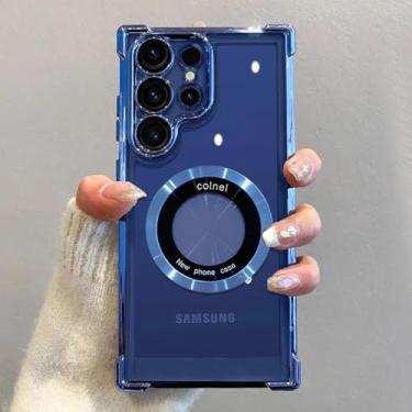 Imagem de HJZSZX Para Samsung S24 Plus Luxury Plating Magnetic Clear Case Capa de proteção de lente à prova de choque (para Samsung S24 Plus/SKY BLUE)