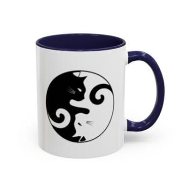 Imagem de Caneca de café de gato Yin Yang – Design fofo de gatinho preto e branco – Caneca com detalhes de cerâmica para amantes de gatos - Ideia de presente de aniversário e Natal (azul-marinho, 325 ml)