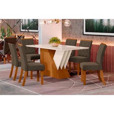 Imagem de Conjunto: Mesa de Cozinha Épic SC24 Tampo Madeirado c/ Vidro Canto Curvo 160x90cm e 6 Cadeiras Vita Nature/Suede Light Bege - Henn