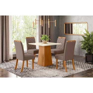Imagem de Conjunto: Mesa Sala Jantar Dora Tampo Madeirado 90cm e 4 Cadeiras Bella Nature/Suede Light Marrom Amendoa - Henn