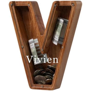 Imagem de Letra infantil de madeira carregada de cofrinho grande com iniciais V 