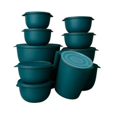 Imagem de Conjunto de 10 saladeiras ou 5 saladeiras + jarro de 1,8 litros Saladeiras de cozinha Recipientes plásticos para armazenamento de alimentos (5 potes + jarra cinza azulado)