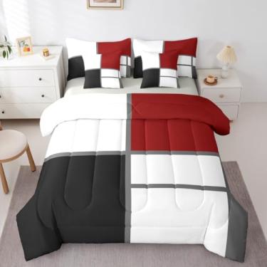 Imagem de Erosebridal Conjunto de edredom Queen geométrico abstrato para adultos, mulheres, homens, cama listrada vermelha e branca em uma bolsa, conjunto de cama de 7 peças, arte moderna, patchwork, conjunto