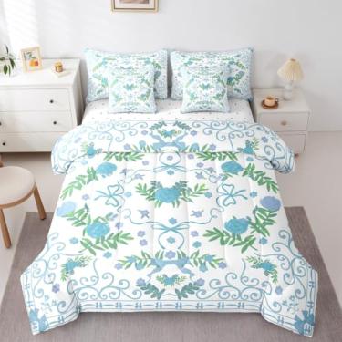 Imagem de Erosebridal Conjunto de edredom floral azul para meninas, com laço de fazenda, solteiro, aquarela, azul-petróleo, coquete, decoração de quarto, nó de laço, boêmio, conjunto de cama em saco, botânico