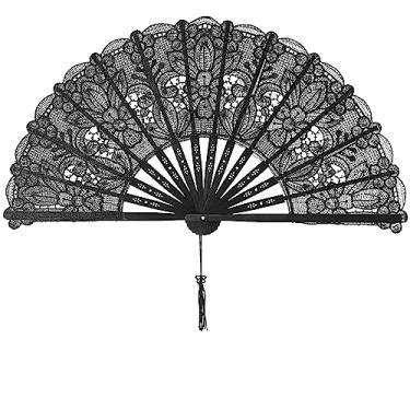 Imagem de choyaxo Ventiladores de mão dobráveis de renda de algodão padrão de flores bordadas ventiladores portáteis para fantasias casamentos festa dançante DIY ventilador de mão de noiva (preto)