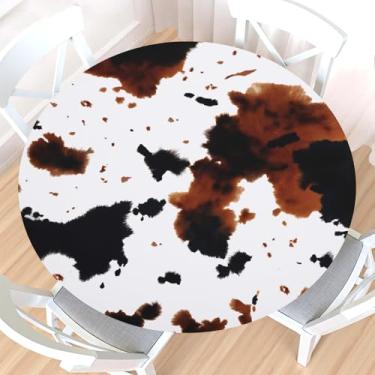 Imagem de Toalha de mesa redonda de couro de vaca com borda elástica, resistente à água, marrom e branco, capa de mesa para mesas encontradas de 101 a 111 cm, toalha de mesa rústica ocidental para jantar, ao ar