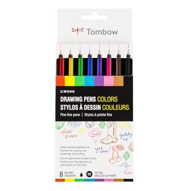 Imagem de Tombow 66407 Canetas de desenho MONO cores, pacote com 8, ponta de metal, ponta fina, tinta pigmentada à base de água