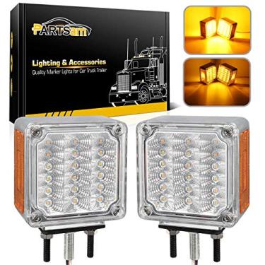 Imagem de Partsam 2 peças de luzes de seta de LED quadradas de face dupla para estacionamento, lentes transparentes – Âmbar/Âmbar 39 quadrados LED Pedestal Stud Mount Luzes LED de face dupla para caminhões Trailers