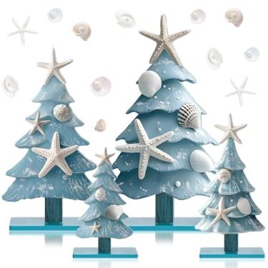 Imagem de Barydat 4 peças de decoração de mesa de Natal litorânea azul de madeira com tema do oceano centro de mesa para decoração de mesa para presentes de festa de Natal, casa, casa, cozinha, escritório
