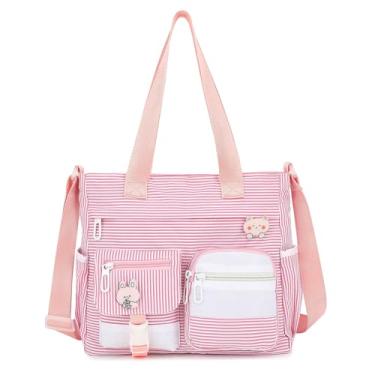 Imagem de Phaoullzon Bolsa tiracolo fofa para adolescentes Kawaii, bolsa carteiro de nylon, Listras, rosa, Large, Grande (cabe em laptop de 14 polegadas)