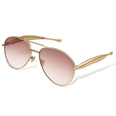 Imagem de NULOOQ Óculos de sol aviador dourados grandes para mulheres e homens, armação de metal retrô aviadores dos anos 70, C2* Armação dourada/lente marrom gradiente, Large