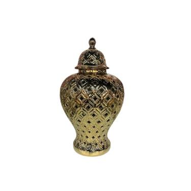 Imagem de Vaso Chinês Cerâmica Dourado Perfurado 22,5cm de Luxo com Tampa Decoração para Hall de Entrada, Sala de Estar e Escritório