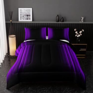 Imagem de Conjunto de cama casal roxo e preto, abstrato, ombré, conjunto de cama para meninos adolescentes, 3 peças em um saco, conjunto de colcha escura, decoração de arte leve, todas as estações com fronhas