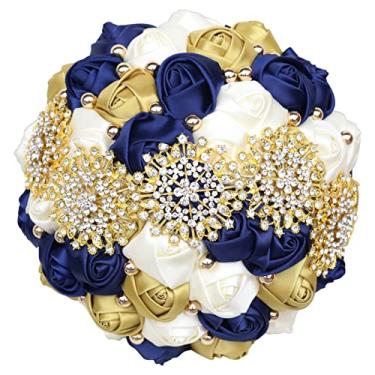 Imagem de Gkvszy Buquê de casamento com pérolas de strass dourado para noiva de quinze anos de quinze anos, dama de honra, cetim rosa, broche, buquê de flores de casamento, azul marinho e marfim dourado, 24 cm