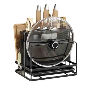 Imagem de JUSHZ Suporte de prateleira de armazenamento de bandeja de cozimento, suporte de tábua, tampa de panela, faca, bancada, talheres, cesto inferior com bandeja coletora (preto, 28,2 x 17,7 x 23,7 cm)