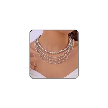 Imagem de INENIMARTJ Conjunto de colares femininos com contas douradas e prateadas em camadas, punk, hip hop, grosso, empilhável, miçangas, colarinho, gargantilha para mulheres, Large, CCB, Sem Pedra Preciosa