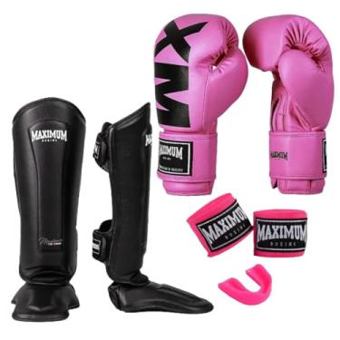 Imagem de Kit Luva de Boxe Feminina MXM Rosa + Caneleira Muay Thai Classic Preto + Bandagem 3m + Protetor Bucal - Maximum (LUVA 10oz + CANELEIRA P)