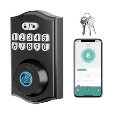 Imagem de BAFUWEIY Fechadura de porta inteligente - Entrada sem chave com impressão digital/controle de aplicativo Bluetooth/senha, trava automática, código único, preto