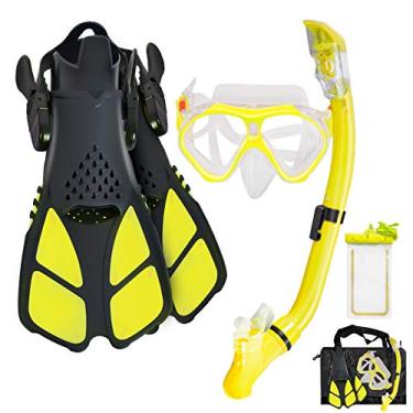 Imagem de Aisrida Conjunto de máscara infantil para mergulho com snorkel + luvas ajustáveis para natação + tubo de snorkel + bolsas de viagem (amarelo)