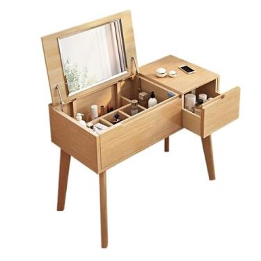 Imagem de Escrivaninha de penteadeira Penteadeira pequena, penteadeira de maquiagem com espelho flip top, mesa madeira gaveta(Natural)