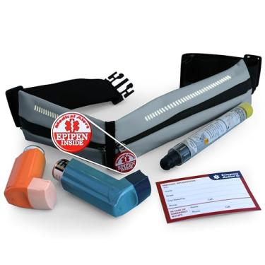 Imagem de Cinto EpiPen com etiqueta de alerta médico, pochete EpiPen, capa esportiva ao ar livre Epipen para caminhada ou corrida – Serve para EpiPen e um inalador M.D.I. (cinza aço)