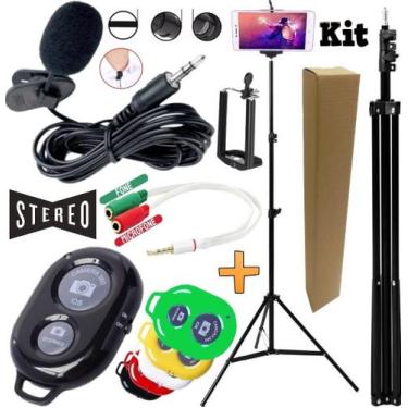 Imagem de Tripé Profissional 2,10m Pedestal Suporte Adaptador Celular + Microfon