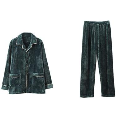 Imagem de ifgswopq Conjunto de pijama masculino de flanela de manga comprida com botões, conjunto de roupa de dormir de inverno grosso e quente para homens (verde 3X)