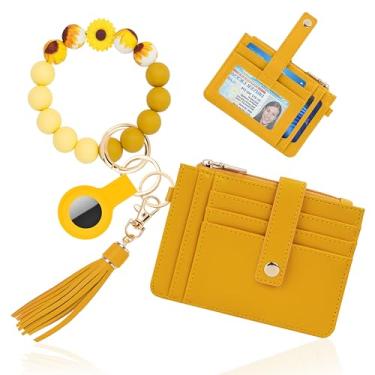 Imagem de Sunpour Chaveiro de pulso com carteira – porta-cartão RFID mini carteira com suporte AirTag, bolsa de moedas e caixa de presente, Amarelo, 0.3*4.97*3.6, Tendência
