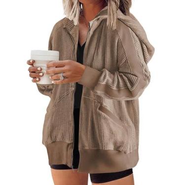 Imagem de Jaqueta feminina Shacket Eytino Plus Size Waffle Knit 2X marrom