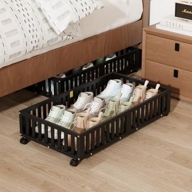Imagem de Armazenamento sob a cama de bambu com rodas (pacote com 2) – Caixa organizadora de sapatos embaixo da cama com rodinhas para sapatos, cobertores, brinquedos, recipiente de roupas, caixas organizadoras
