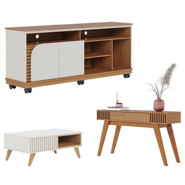 Imagem de Rack Bancada Jurerê 1.5 Freijó Off White Matte com Mesa de Centro Jeri Off White Freijó e Aparador Riviera Freijó - Colibri