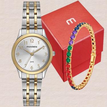 Imagem de Relógio Feminino Mondaine Bicolor Aço Inox Casual Chic Mostrador Metálico Com Pulseira De Cristais 5ATM Modelo 32608LPMKBE3K2