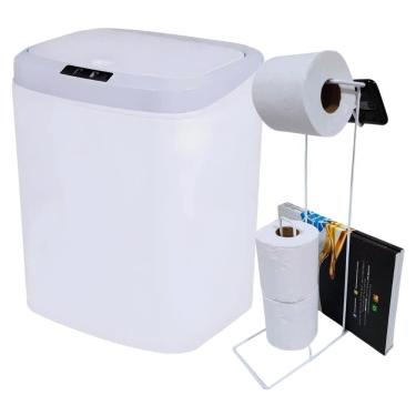 Imagem de Lixeira Automática Branca 16 Litros USB KALA com Suporte para Papel Higiênico 3 Rolos Branco EVALD
