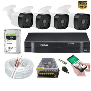 Imagem de Kit 4 Câmeras Segurança Residencial Full Hd 1080p 2MP Bullet 20m  Dvr Intelbras 4 canais+hd1tb