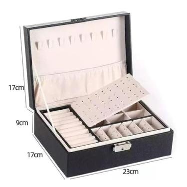 Imagem de Porta-Joias Feminino 3 Andares com Fechadura – Couro Sintético Luxo com Espelho e Compartimentos para Relógios, Brincos, Anéis e Colares (PRETO/Q11)