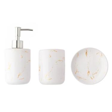 Imagem de Kit Banheiro Lavabo 3 Peças Marmorizado em Cerâmica – Saboneteira Dispenser e Porta Escovas Elegante Decorativo Premium (Mamorizado branco)