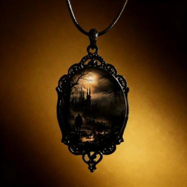 Imagem de Colar com pingente de vidro gótico para mulheres, sol e lua, estilo punk, vintage, corrente de corda de camafeu lunar, acessórios de bruxa, joias modernas, dia dos namorados, standard, Vidro, Sem