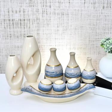 Imagem de Kit 9 Jarros Decorados Trio Vaso Ceramica Enfeite Centro Mesa Sala Enfeite Casa Rack Aparador Nicho Jarros Decorativos Para Sala(OCEANO BEGE 9PÇS)
