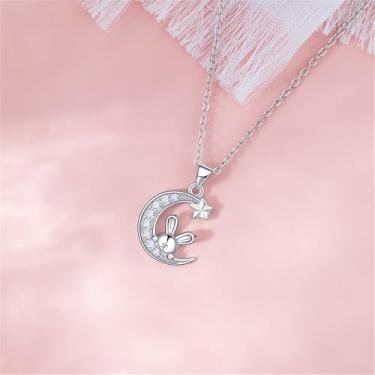 Imagem de Colar feminino com pingente de coelho de lua fofa de zircônia cúbica animal estrela colar gargantilha corrente de elos ajustáveis joias delicadas, Small, Aço inoxidável, Sem Pedra Preciosa