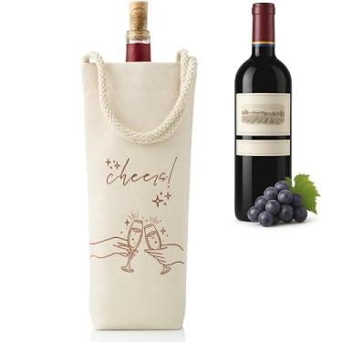 Imagem de Jacob Bicerri Sacola reutilizável de lona para presente de vinho com alça de corda - Sacola de garrafa estampada "Cheers" para festas, casamentos, aniversários, presentes de Natal – Transportador de