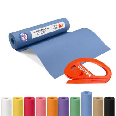Imagem de Rolo de papel kraft azul 30,5 cm x 30,5 m com cortador - Papel de embrulho feito nos EUA para embalagem, mudança, envio e artesanato/artes - Material de artesanato natural 100% reciclável da IDL