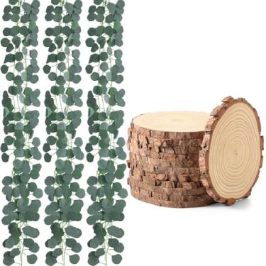 Imagem de Tioncy 12 peças de fatias de madeira redondas placas de madeira natural 20,3-23 cm, 12 peças guirlanda de eucalipto artificial 2 metros para centro de mesa rústica chá de bebê festa temática natureza