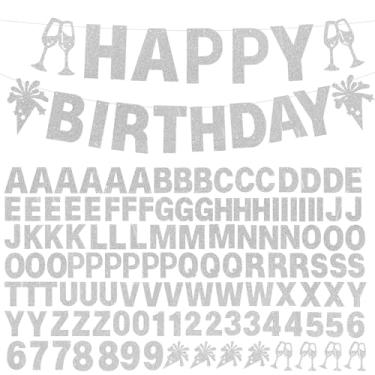 Imagem de 175 peças de faixas de letras DIY glitter customizável kit banners personalizados DIY letras de feliz aniversário 0-9 números banner personalizado decoração casamento festa de aniversário suprimentos