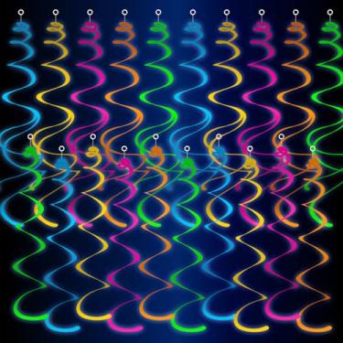 Imagem de HonuGoGo Decorações de redemoinho fluorescente neon de 48 quilates, espirais de papel de 5 cores que brilham na luz negra, decorações de teto e parede para aniversário, festival, dança escolar e